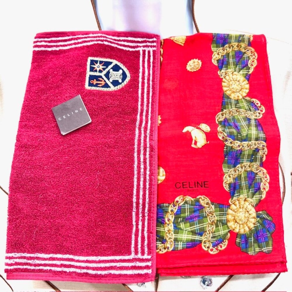 2 New Celine Paris Hankerchief 19"  & Hand Towel 19" Red Gold Cain Burgendy (69)